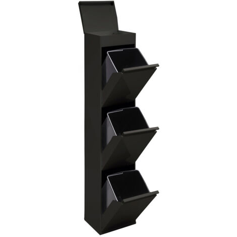 ARREGUI Top Cubo de basura y reciclaje de acero de 3 cubos con bandeja superior multiusos, mueble de reciclaje, 3 x 17 L (51 L) Negro CR326-B