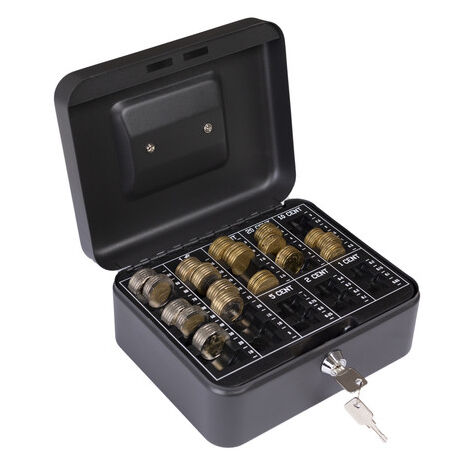ARREGUI Elegant Cash Caja Caudales con Llave para Contar y Transportar Dinero, Caja de Seguridad de acero con bandeja organizador de Monedas, Caja fuerte portatil, Negro 20 cm de ancho C9624-EUR