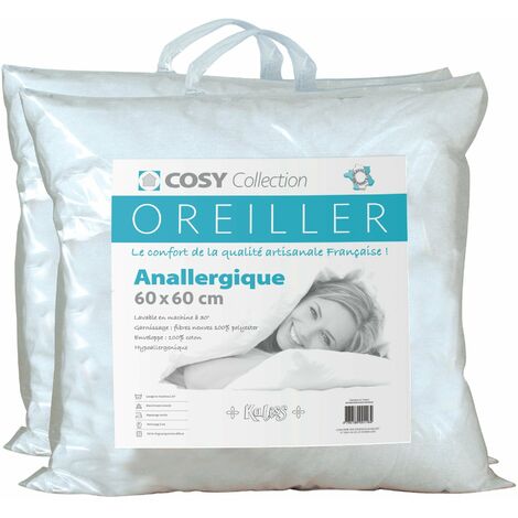 Lot de 2 oreillers 60x60 cm anallergiques – Garnissage fibre polyester 500g – Enveloppe 100% coton – Lavable en machine à 30°C – Le Linge De Jules