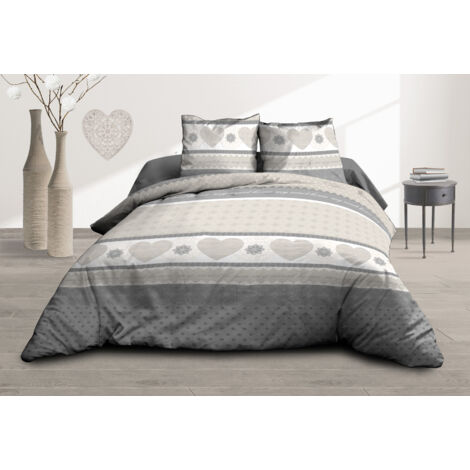 Parure Drap plat + drap-housse 160x200 + 2 T - Pur coton 57 fils - Coeurs gris