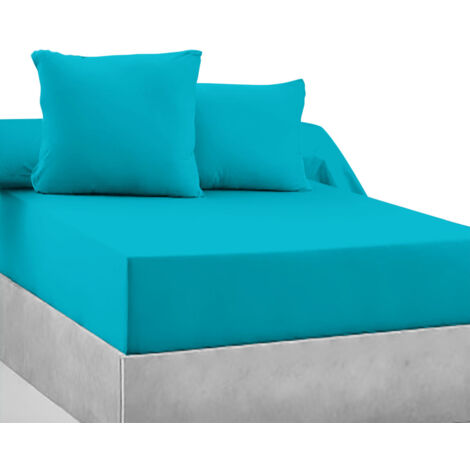 Drap-housse 100% coton 57 Fils Bleu turquoise 140 x 190 cm - Bonnet 30 cm