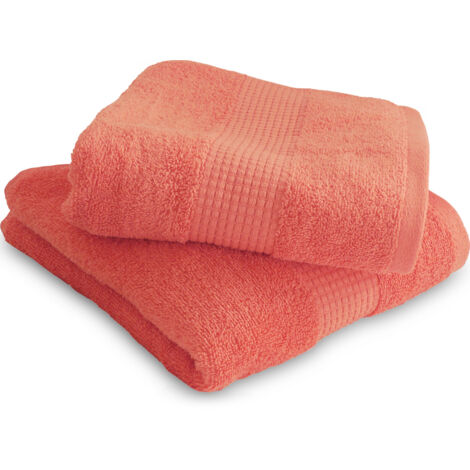 Lot de 2 Serviettes de Toilette 50 x 90 cm - 100% Coton - 450 gr/m2 - Corail (1/3)