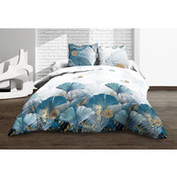 Parure Drap plat + drap-housse 160x200 + 2 T - Pur coton 57 fils - Ginko bleu