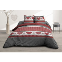 Parure Drap plat + drap-housse 140x190 + 2 T - Pur coton 57 fils - Coeurs rouge