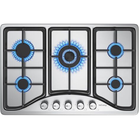 IsEasy Empotrado Placa de gas,5 Quemadores,76cm,Gas Natural/Propano,Negro,Acero inoxidable-5 fuegos