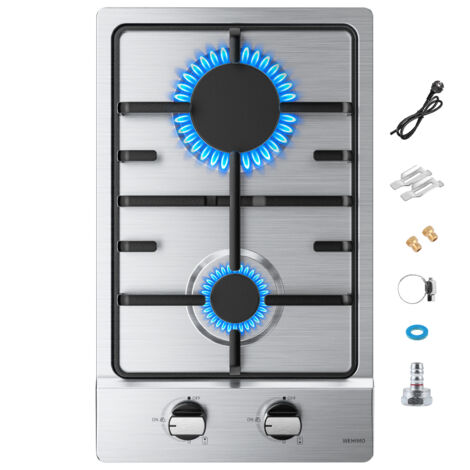 WEHIMO Placa de gas de 2 Quemadores 31cm Plata–(Acero inoxidable)Gas Natural/Propano-2 fuegos