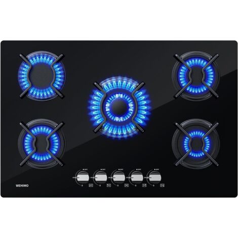 Placa de gas de 5 Quemadores L77 x P51 cm,Gas Natural/Propano,Negro,Cristal-5 fuegos