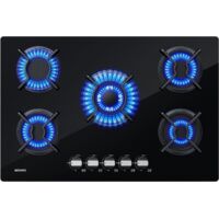 Placa de gas de 5 Quemadores L77 x P51 cm,Gas Natural/Propano,Negro,Cristal-5 fuegos