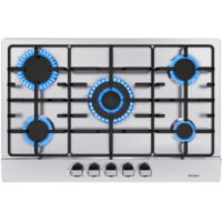 Placa de gas de 5 Quemadores L76 x P50 cm, Gas Natural/Propano, Acero inoxidable, 5 fuegos