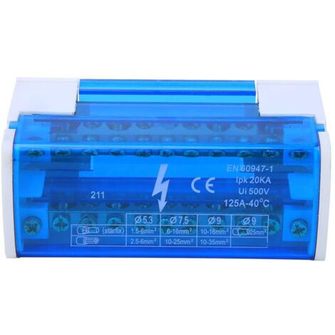 Bornier de distribution, borniers de bornier de boîte de distribution 500V 125A Rail Din monophasé à 2 niveaux avec cache-poussière transparent 211,A (1/5)