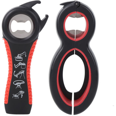 Ouvre-bouteille multifonction 5-en-1, paquet de 2 ouvre-couvercle de bocal, kit d'ouvre-boîte multi-bouteille Gadget de cuisine pour un usage domestique noir + rouge (1/5)
