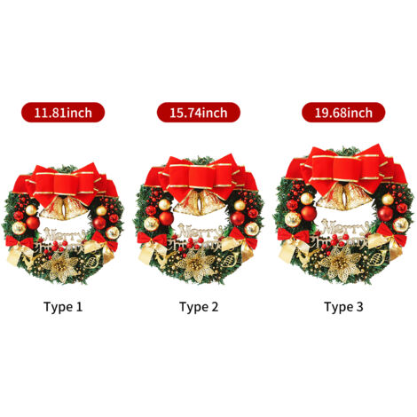Couronne de noël de 12 pouces avec boules de cloche à nœud papillon, guirlande artificielle suspendue pour porte d'entrée, décoration murale de fête.A (1/5)