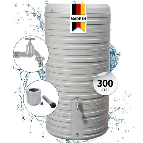 GARANTIA NORDIC 2in1 Regenspeicher Komplett-Set 300 Liter steingrau inkl. Chrom-Auslaufhahn und Fallrohranschluss