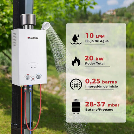 CAMPLUX Calentador de Agua Instantáneo a Gas Propano/Butano de 10L 20KW Con Cubierta de Lluvia - BW264C - 30/37mbar - Blanco