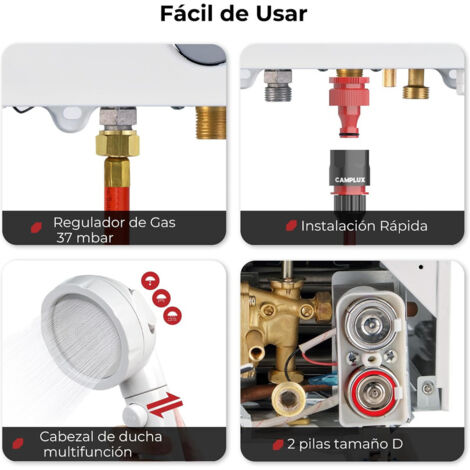 CAMPLUX Calentador de Agua Instantáneo a Gas Propano/Butano de 10L 20KW Con Cubierta de Lluvia - BW264C - 30/37mbar - Blanco