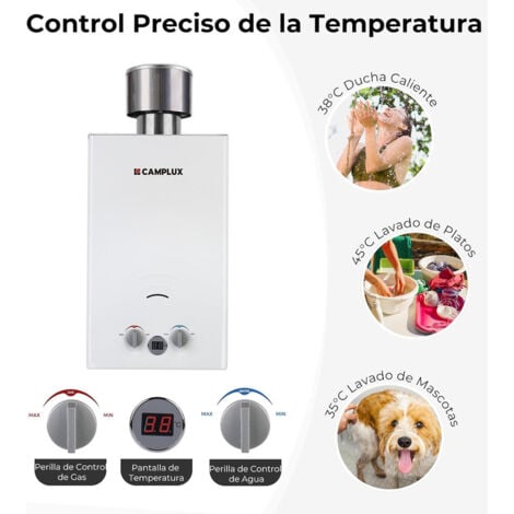 CAMPLUX Calentador de Agua Instantáneo a Gas Propano/Butano de 10L 20KW Con Cubierta de Lluvia - BW264C - 30/37mbar - Blanco