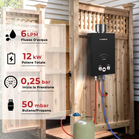 CAMPLUX Calentador de Agua a Gas 6L/min Con Cubierta para Lluvia, 11KW calentador de agua instantáneo a gas propano/butano - BW158BC-DE - 50mbar - Negro