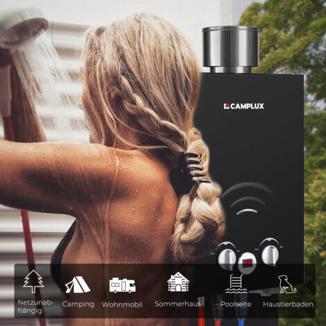 CAMPLUX Calentador de Agua a Gas 6L/min Con Cubierta para Lluvia, 11KW calentador de agua instantáneo a gas propano/butano - BW158BC-DE - 50mbar - Negro