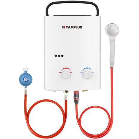 CAMPLUX Scaldabagni a gas portatili 5L/min 10kW, Scaldabagni istantanei a gas propano/butano - AY132-DE - 50mbar - Bianco