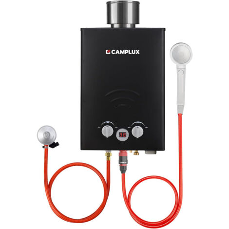 CAMPLUX Scaldabagno a gas 6L/min con copertura antipioggia, scaldabagno istantaneo a gas propano/butano da 11KW - BW158BC - 30/37mbar - Nero (1/5)