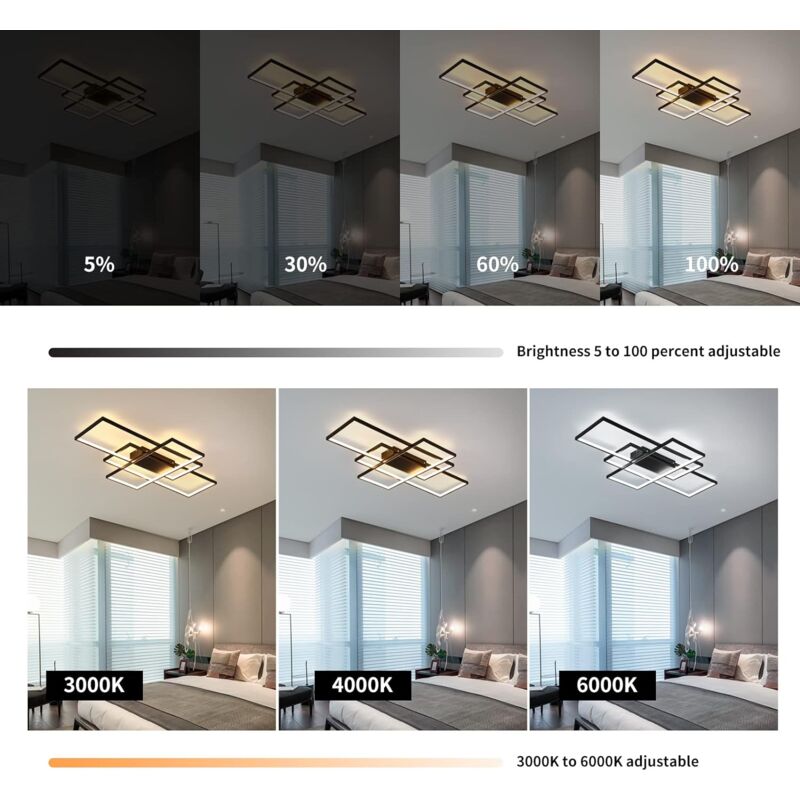 Plafoniera LED Moderna Rettangolare 105 Cm 65W, Dimmerabile Con Telecomando, Temperatura Colore Regolabile 3000K-6500K, Per Soggiorno E Cucina, Nero