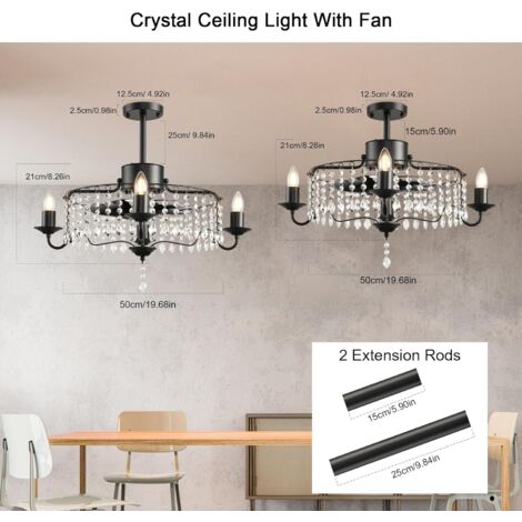 Ganeed Ventilatore da Soffitto Illuminazione Cristallo Pendente 50 cm Funzione di temporizzazione 6 velocità del vento con telecomando Nero 4 luci