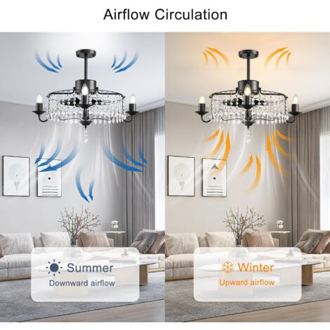 Ganeed Ventilatore da Soffitto Illuminazione Cristallo Pendente 50 cm Funzione di temporizzazione 6 velocità del vento con telecomando Nero 4 luci