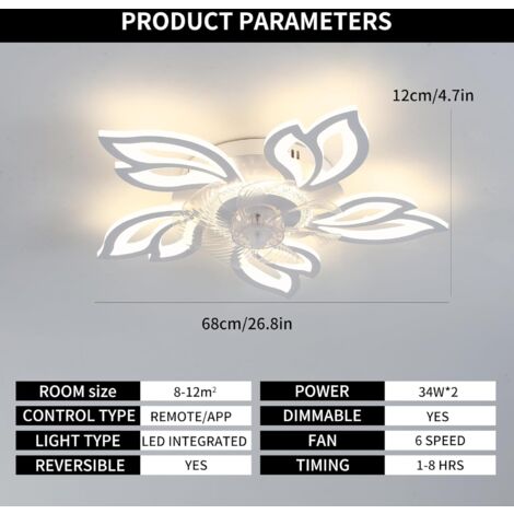 Ganeed 68cm Lampadario Ventilatore da Soffitto con Telecomando Silenzioso Moderno Ventola da Soffitto con Luce DC Reversibile Dimmerabile Fiore Plafoniera per Camera da Letto Soggiorno Cucina,Bianco