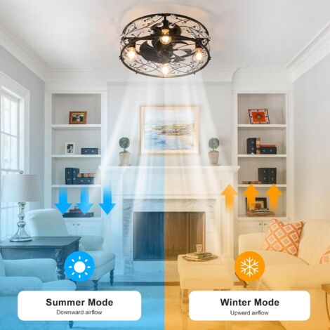Ganeed Plafoniera con Ventilatore Stile Industriale Ventilatore da Soffitto Fattoria 50cm Illuminazione Gabbia in Metallo Opaco E27 Montaggio A Incasso Con Telecomando 4 Luci