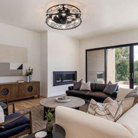 Ganeed Plafoniera con Ventilatore Stile Industriale Ventilatore da Soffitto Fattoria 50cm Illuminazione Gabbia in Metallo Opaco E27 Montaggio A Incasso Con Telecomando 4 Luci