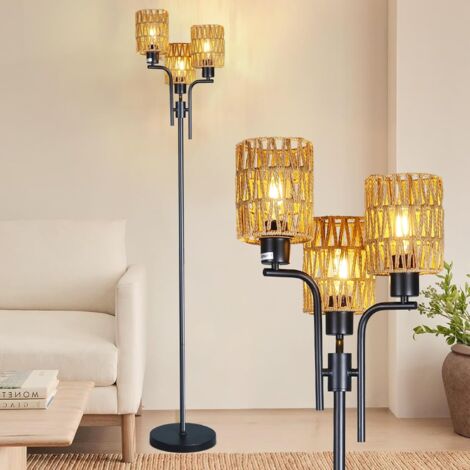 Ganeed Lampada da terra Boho, lampada da terra in rattan a 3 luci con ripiano, lampada da terra industriale con interruttore a pedale, lampade da terra vintage per soggiorno, camera da letto, ufficio