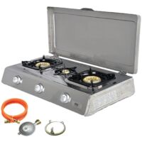 NSD-3C Edelstahl Camping Gaskocher 3 flammig mit Deckel, Zündsicherung