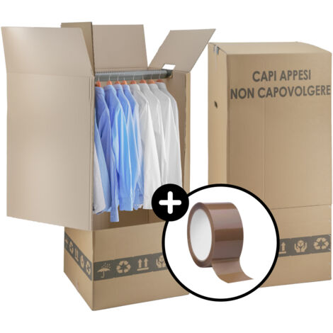 2 Scatole Cartone Porta Abiti con Barra Appendiabiti 50x50 cm h 120 cm - Nastro Omaggio - Per trasloco Armadio