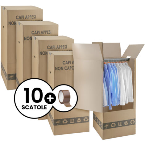 10 Scatole Cartone Porta Abiti con Barra Appendiabiti 50x50 cm h 120 cm - Nastro Omaggio - Per trasloco Armadio
