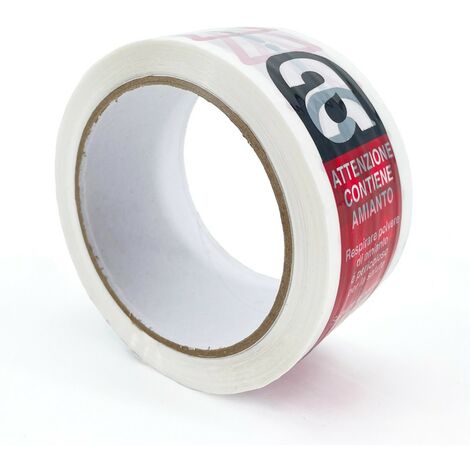 IMBALLAGGI 2000 - Nastro Adesivo Pacchi Bianco + Scritta Pericolo Amianto in Polipropilene, 6Pz 5cm x 66mt x 76 mm, Nastro Imballaggio per Spedizioni e Smaltimento Forte Durevole a Strappo Silenzioso