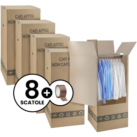 8 Scatole Cartone Porta Abiti con Barra Appendiabiti 50x50 cm h 120 cm - Nastro Omaggio - Per trasloco Armadio