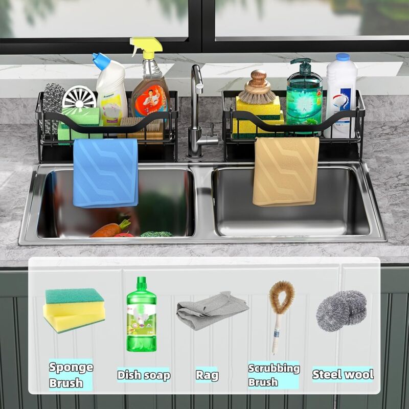 Porte-Éponge Pour Évier De Cuisine Grand Caddy D'Évier Avec Plateau De Drainage Porte-Brosse Organisateur D'Évier De Cuisine Accessoires De Rangement Durables Pour Comptoir En Liquidation
