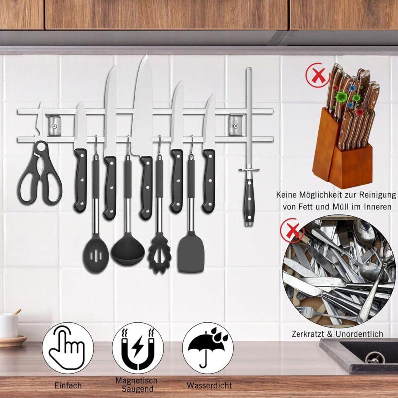 Porte-couteaux Mural GHKLNY - Acier Inoxydable Noir 40cm Avec 7 Crochets - Rangement Cuisine