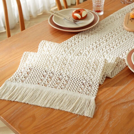 Sollbry Chemin de table bohème, beige, macramé, rectangulaire, dentelle crochetée, en maille, style maison de campagne, 35 x 160 cm