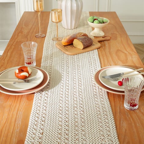 Sollbry Chemin de table bohème, beige, macramé, rectangulaire, dentelle crochetée, en maille, style maison de campagne, 35 x 160 cm
