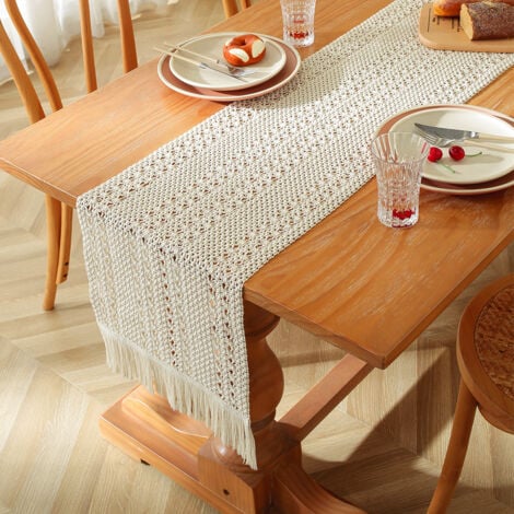 Sollbry Chemin de table bohème, beige, macramé, rectangulaire, dentelle crochetée, en maille, style maison de campagne, 35 x 160 cm