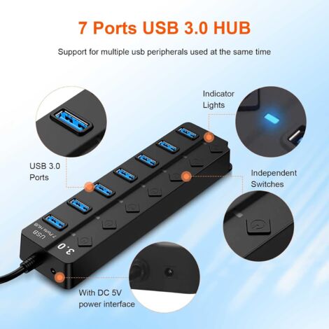 RUIZHI Hub USB 3.0 Avec 7 Ports, Barre USB, Hub USB Active 3