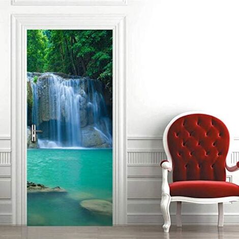 Autocollant De Porte Effet Trompe L'Oeil 3D Arbre Vert Paysage Diy Autocollant De Porte