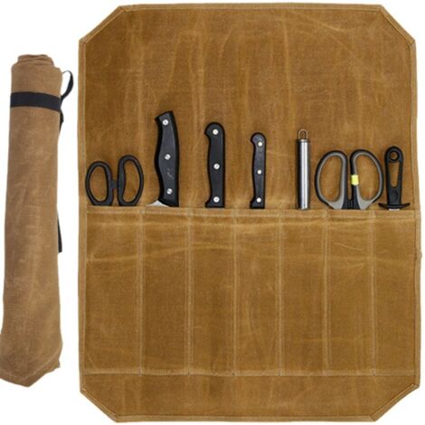 Sollbry Sac à couteaux de chef avec 7 emplacements pour le camping, sac à outils, rangement pour couteaux et cuillères, sac à couteaux de chef professionnel, marron, Sac à couteau