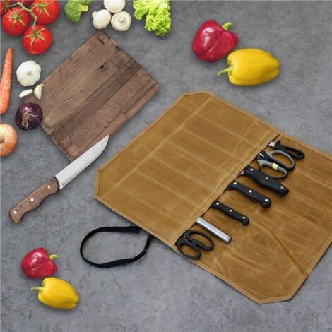Sollbry Sac à couteaux de chef avec 7 emplacements pour le camping, sac à outils, rangement pour couteaux et cuillères, sac à couteaux de chef professionnel, marron, Sac à couteau