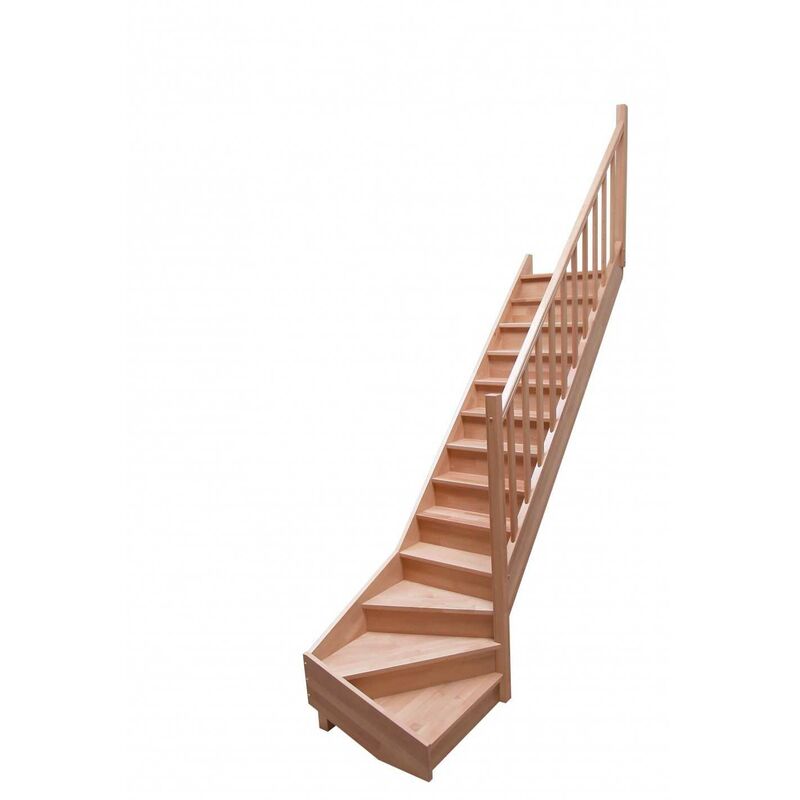 Escalier Hêtre Quart Tournant Bas Avec Rampe  Woodup.fr-  Bas à Droite Avec Contremarches  280 Cm