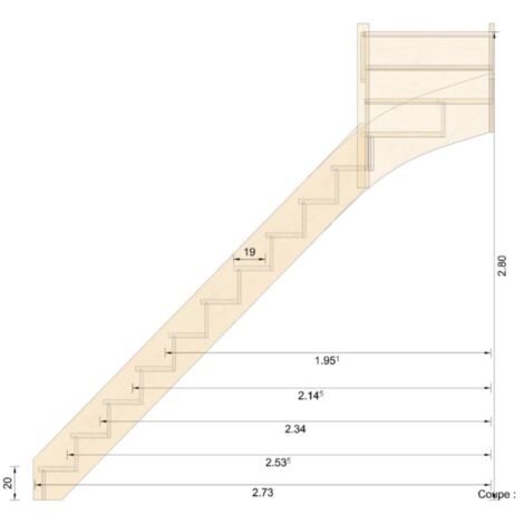 Escalier Hêtre Quart Tournant Haut - 80x280cm  Woodup-  Haut à Gauche Sans Contremarche  280 Cm