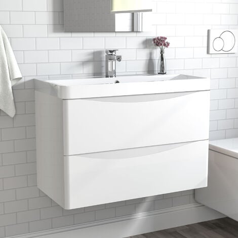 2 Drawers Wall Hung Bathroom Cabinet Vanity Sink Unit with Basin, Gloss White - 800mm