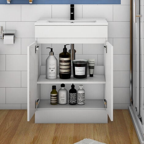 600mm Modern Bathroom Vanity Unit Basin Storage 2 Doors Cabinet Furniture - Gloss White Ceramic Basin(Thin)