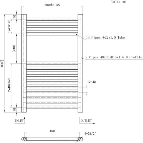 AICA 800x450mm(HxW)Matte Black Straight  Towel Rail Heating Towel Radiator